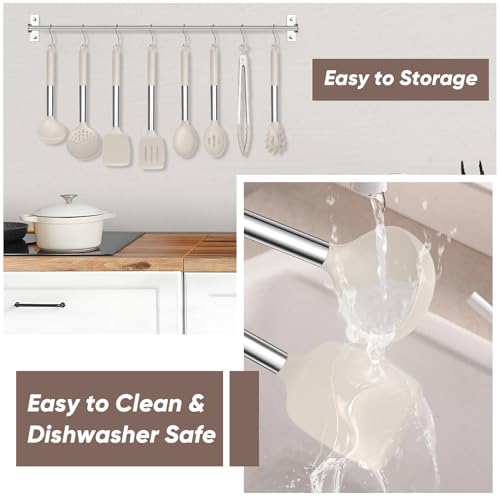 TeamFar Kitchen Utensils Set of 8, Silicone Utensils Kitchen Tools Set | with Stainless Steel Handle, for Frying Serving Flipping Draining, Non-toxic & Heatproof, Nonstick & Dishwasher Safe - Khaki - color: Khaki