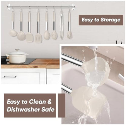 TeamFar Kitchen Utensils Set of 8, Silicone Utensils Kitchen Tools Set | with Stainless Steel Handle, for Frying Serving Flipping Draining, Non-toxic & Heatproof, Nonstick & Dishwasher Safe - Khaki - color: Khaki