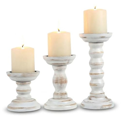 3 Pcs Wood Pillar Candle Holder Rustic White Candle Holder Set of 3 Tall Table Centerpiece Decor Wooden White Farmhouse Decorations for Fireplace Mantle