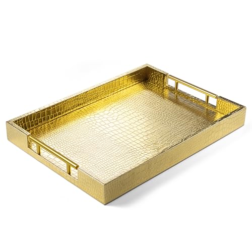 ATZYmolin 17"x12" Leather Serving Tray, Gold Handle Vanity Platter, Gold | Rectangle Ottoman Decor Tray, Polished Metal Handles, Coffee Table Bathroom Home Decorative Wood Tray - color: Alligator Gold, size: 17" x 12" x 1.8"