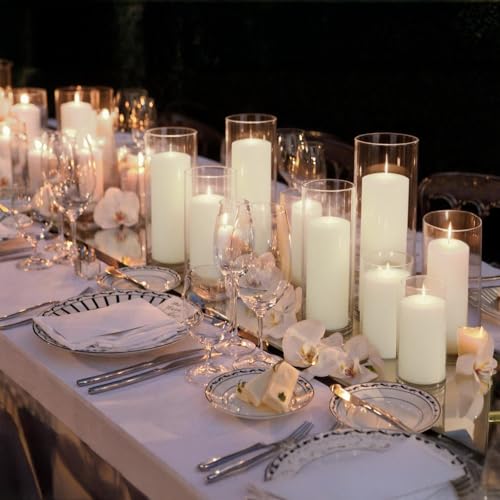12-Pack White Pillar Candles (2''X3,4,6) & 12-Pack Glass Cylinder Vases(2.6''X5,6,8),Hurricane Candles,Wedding Centerpiece Decor Set-Mixed Heights for Table, Proposal, Event. - color: White, size: 12