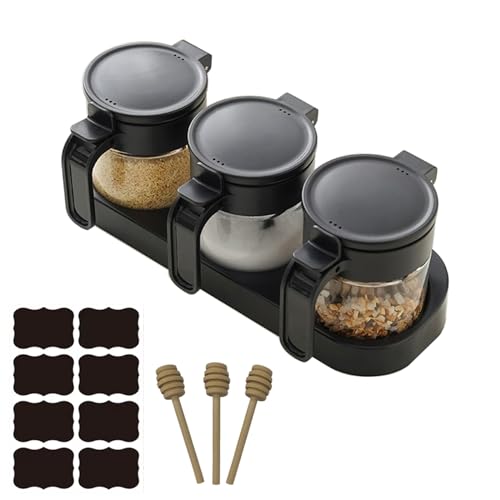 3 Pack Airtight Glass Spice Jars with Spoons, Lead-Free Condiment Container Set with Silicone Seal Ring, Honey Dippers, Tray, Labels and Wall Mount Adhesive for Sugar, Salt, Coffee Bar, Black - color: BLACK