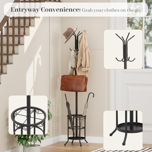 Coat Rack Freestanding with Umbrella Holder – Metal Hanger Stand, Hall Tree with 12 Hooks, Entryway Organizer for Hats, Bags, and Clothes (Black) - color: Black
