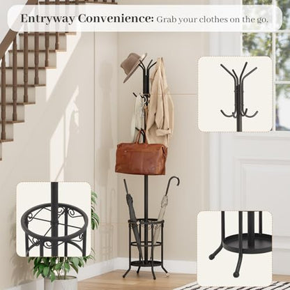 Coat Rack Freestanding with Umbrella Holder – Metal Hanger Stand, Hall Tree with 12 Hooks, Entryway Organizer for Hats, Bags, and Clothes (Black) - color: Black