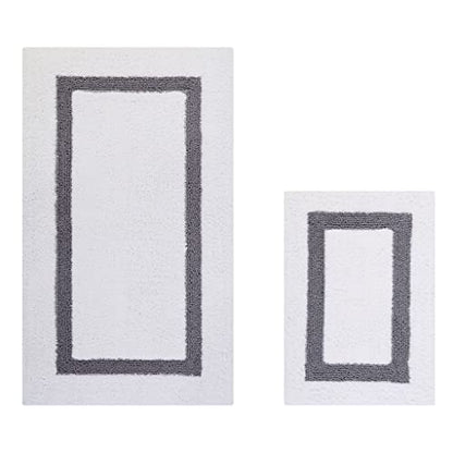 Better Trends 100% Cotton Hotel Collection Bath Mats Set, White & Gray Mats - Tufted, Reversible & Absorbent & Machine Washable 2 Piece Bathroom Rug Set, Shower & Sink Bath Rug - color: White & Gray, size: 2 Piece Set (17" x 24" | 24" x 40")