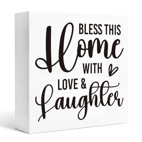 Home Sweet Home Decor Wood Box Sign 5x5 Inches, “Bless This Home With Love & Laughter” White Wooden Block Plaque, Farmhouse Tabletop Shelf Accent for Kitchen Living Room Entryway - color: Homre Sign 37