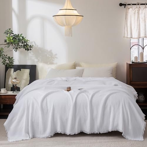 FOSSA Muslin Blanket 4-Layer 100% Cotton Gauze Blanket with Fringe 90"x90" | Super Soft Breathable Lightweight All Season & Decforative Blanket for Bed, Sofa, Office - color: Bright White, size: Queen (90" × 90")