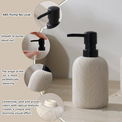 4 PCS Bathroom Accessory Set, Leaf Veins Texture, Beige | Modern, Luxurious, Minimalist, With 10.15 OZ Soap Dispenser, Tumbler, Vanity Tray, Candle Holder for Countertop Kitchen Sink