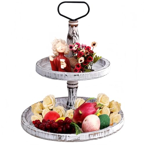 Two Tiered Tray Tier Trays Round Rustic Cupcake Stand,Serving Cakes Holder with Handles