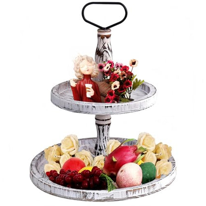 Two Tiered Tray Tier Trays Round Rustic Cupcake Stand,Serving Cakes Holder with Handles
