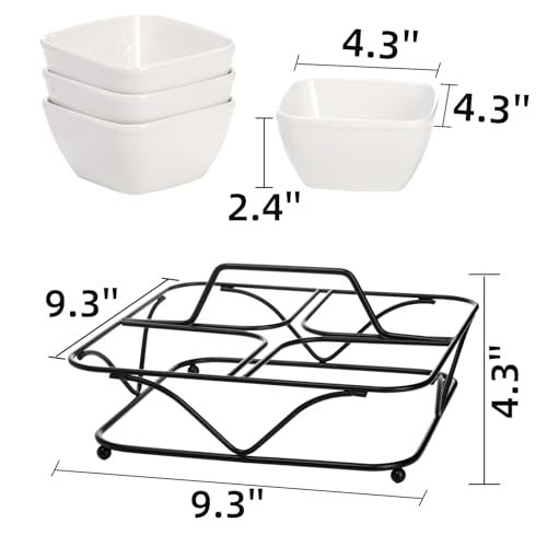 Pumtus Ceramic Divided Serving Dishes, 4 Removable Snack Bowls with Metal Stand, 9 Inch Appetizer Platter with Handle, Dip Bowls for Party, Condiment Serving Relish Tray for Chips & Dips, Nut, Candy
