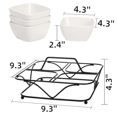 Pumtus Ceramic Divided Serving Dishes, 4 Removable Snack Bowls with Metal Stand, 9 Inch Appetizer Platter with Handle, Dip Bowls for Party, Condiment Serving Relish Tray for Chips & Dips, Nut, Candy
