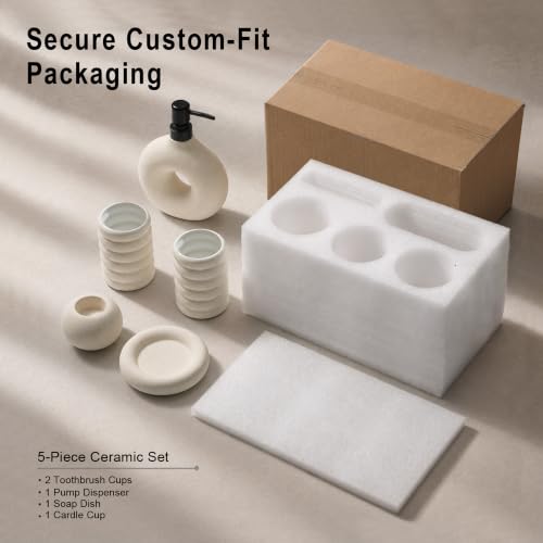 5 Pcs Ceramic Bathroom Accessories Set, White Bathroom Soap Dispenser Set | Soap Dispenser 16Oz, Toothbrush Cup, Toothbrush Holder, Soap Dish, Candle Holder,Modern Bathroom Accessory Set for Countertop - color: White-002