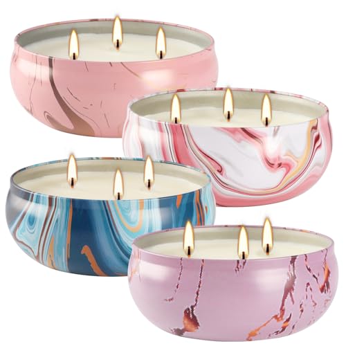 4 Pack Citronella Candles-3 Wick Scented Candles,Outdoor Candle Bulk 12 oz Large Candle Gift for Patio,Summer Gifts,Anniversaries GIF. - color: Style3-Pink blue