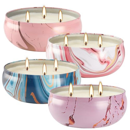 4 Pack Citronella Candles-3 Wick Scented Candles,Outdoor Candle Bulk 12 oz Large Candle Gift for Patio,Summer Gifts,Anniversaries GIF. - color: Style3-Pink blue