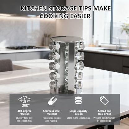20-Jar Revolving Spice Rack, Stainless Steel Seasoning Organizer for Cabinet or Countertop, with Black Caps