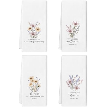 Spring Floral Kitchen Towels Set - Set of 4, Christian Bible Verse Gifts, Religious Kitchen Decor, Rustic Farmhouse Inspirational Spring Dishcloth for Bathroom Kitchen Decor, 16x24