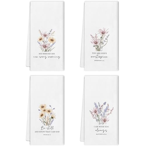Spring Floral Kitchen Towels Set - Set of 4, Christian Bible Verse Gifts, Religious Kitchen Decor, Rustic Farmhouse Inspirational Spring Dishcloth for Bathroom Kitchen Decor, 16x24