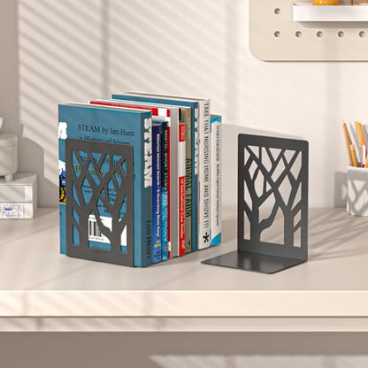 VFINE 4-Piece Modern Metal Bookends for Shelves, Black Tree Book Ends for Books, Decorative Book Organizer for Desk, Non-Skid Shelve Bookends for Home Office - style: Black bookend 2 pairs
