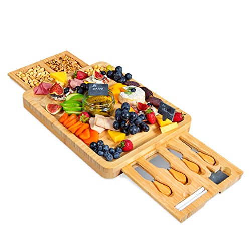 Bamboo Cheese Board and Knife Set with 2 Slide-Out Cutlery Drawers | Charcuterie Boards Set - Birthday Gifts for Women, Wedding Gifts for Couples , Bridal Shower Gifts - style: Large Cheese Board Set