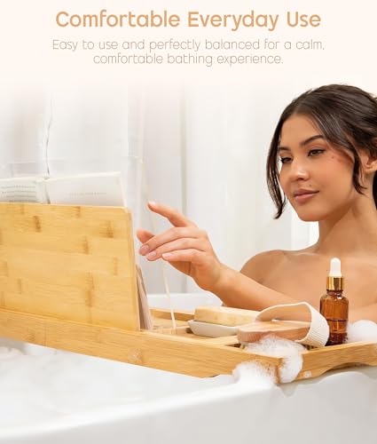 Bathtub Tray Caddy Expandable, Foldable Bath Tray, Bathtub Trays for Tub with Book, Wine Glass Holder, Anniversary House Warming Gifts, Relaxation, Bathroom Accessories, Fits Most Bathtubs Sizes