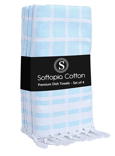 Matrix Dobby Kitchen Towels 4 Pack, 100% Cotton, 16x26 Inches, Handmade Knotted Tassel Tea Towels, Reusable & Absorbent Wash Rags for Drying and Cleaning - Aqua Blue, White - color: Pixel Grid, Aqua Blue, size: 16 X 26 - 4 Pack