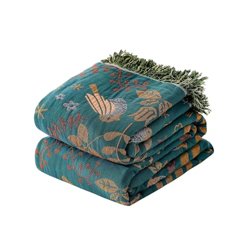 Boho Throw Blanket - 100% Cotton 60"x80" Blankets for Couch and Sofa | Breathable and Lightweight Twin Size Blankets for Bed, Reversible Use for All Seasons, Cozy Teal Floral Bird with Tassels - color: 03-spring Bird Blue, size: 60"x80"