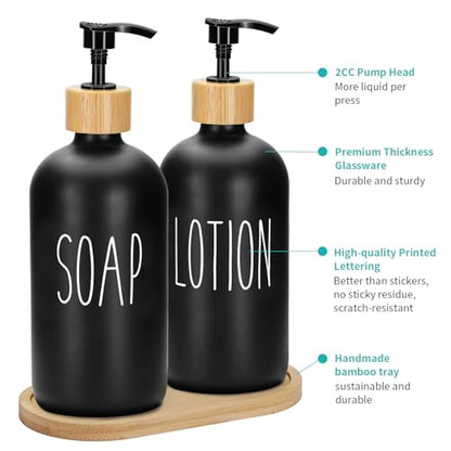 2 Pack 16 Oz Glass Soap Dispenser Set with Tray, Hand Dish Soap Dispenser Set for Bathroom and Kitchen Bottle Dispenser with Dish Soap, Hand Soap, Lotion (Black（Soap） Black (Lotion)) - color: Black（soap）black (Lotion)