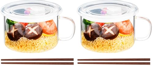 Baalaka Ramen Bowls Microwavable, Glass Soup Bowls With Handles, 34oz/1000ml Soup Mug With lid, Use-Friendly Ramen Bowl Set With Chopsticks (Pack of 2) - size: normal (Pack of 2)