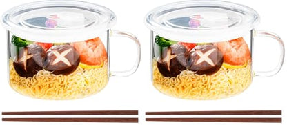 Baalaka Ramen Bowls Microwavable, Glass Soup Bowls With Handles, 34oz/1000ml Soup Mug With lid, Use-Friendly Ramen Bowl Set With Chopsticks (Pack of 2) - size: normal (Pack of 2)