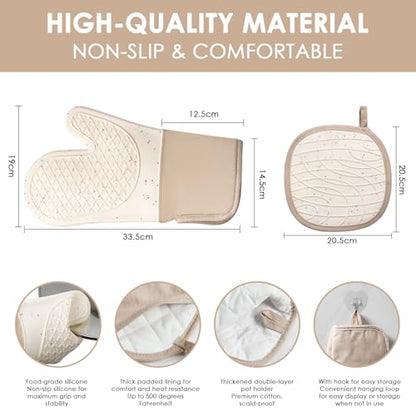 7 PCS Kitchen Oven Mitts and Pot Holders Cooking Mittens Heat Resistant 500°F Silicone Oven Mitts Soft Cotton Lining Non-Slip Oven Mittens for Kitchen Baking BBQ Cooking with Hook Up Oil Brush(Cream)