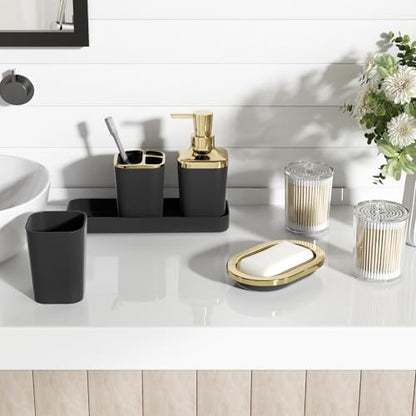 XLHOMO Bathroom Set - Black Bathroom Accessories Set, Bathroom Sets with Shower Curtain and Rugs, 24PC Shower Curtain Set with Hooks, Soap Dispenser, Soap Dish, Toilet Brush Holder and Trash Can - color: Gold and Black, size: Bathroom Set+Shower Curtain+B