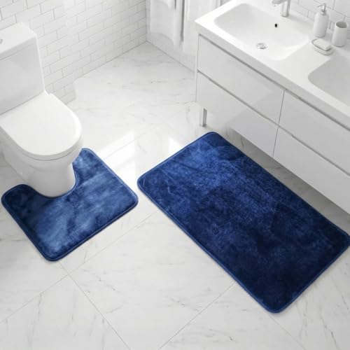 Muddy Mat® Memory Foam Bath Mat Set 2 Piece – Velvet Soft Non Slip Bathroom Rugs Set, Thick Absorbent Washable Bath Mats for Bathroom Floor and Shower, Navy Blue 20"x30" + 20"x20" U-Shaped - color: Navy Blue
