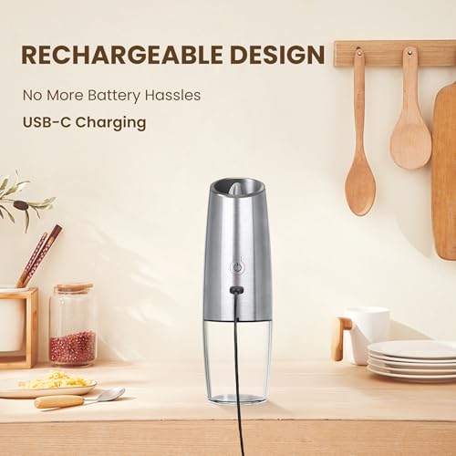 Rechargeable Gravity Salt Pepper Grinder Set, 2 Pack (Silver) | Gravity Automatic Grinder With LED Light & Adjustable Roughness, Rechargeable Seasoning Tool For Kitchen Use - color: Rechargeable/Set/Silver