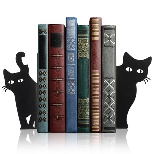 Black Cat Bookends Set of 2 Metal Book Ends for Shelves | Black Metal Cat Bookends, 6 x 4 x 1.2 Inch, for Bookshelves, Desks, Offices and Gifts for Cat Lovers and Reading Enthusiasts - style: Lovely Cat
