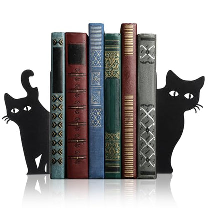 Black Cat Bookends Set of 2 Metal Book Ends for Shelves | Black Metal Cat Bookends, 6 x 4 x 1.2 Inch, for Bookshelves, Desks, Offices and Gifts for Cat Lovers and Reading Enthusiasts - style: Lovely Cat