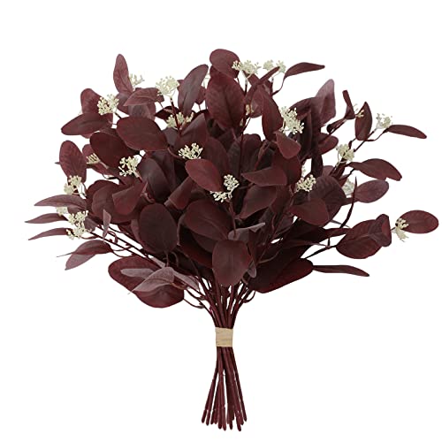 20" Silk Artificial Eucalyptus Stems, 12Pcs Fake Eucalyptus Stem with Leaves Berries, Greenery Plants Floral Decorations for Wedding Party Flowers Arrangement Home Decor (Burgundy) - color: Burgundy