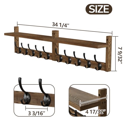 AMBIRD 34.2 inch Wooden Extra-Long Wall Hook Rack with Shelf - Versatile and Decorative Wall-Mounted Storage - 10 Hooks for Hanging Coats, Hats, Scarves - Ideal for Entryways, Bedrooms, Closets - size: 34.2 inch, style: Retro Brown