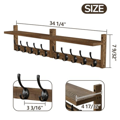 AMBIRD 34.2 inch Wooden Extra-Long Wall Hook Rack with Shelf - Versatile and Decorative Wall-Mounted Storage - 10 Hooks for Hanging Coats, Hats, Scarves - Ideal for Entryways, Bedrooms, Closets - size: 34.2 inch, style: Retro Brown