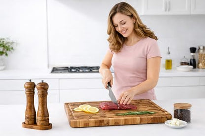 Teak Wood Cutting Board with Salt & Pepper Mill Set For Kitchen - High-End Non Slip Solid Thick Wood Haus Chopping Board with Juice Groove Large Size Best Kitchen Essential House Warming Gift Set