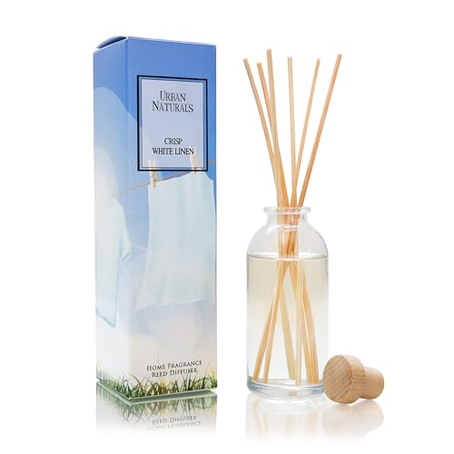 Reed Diffuser Set, Crisp White Linen - Bathroom Shelf Décor | Citrus, Ozone, Ylang-Ylang, Lilies & Sandalwood Scent Notes for a Fresh, Clean Cotton Smelling Home, Made in the USA - color: Crisp White Linen