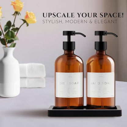 Glass Soap Dispenser Set of 2 (Amber) with Silicone Tray | Hand and Dish Soap Dispenser for Kitchen and Bathroom | 16.8 Oz Glass Bottles with Stainless Steel Pump & 15 Waterproof Labels (Amber/Black) - color: Amber/Black