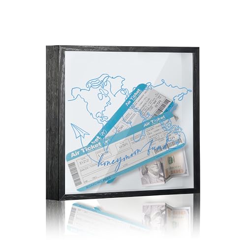 Honeymoon Fund Box, 8×8 Wedding Shadow Box Frame with Slot, Blue Lines World Map Wedding Money Saving Decoration for Reception Bridal Shower, Travel Fund Memory Keepsake Gift for Newlyweds -A05 - size: 8×8 blue world map