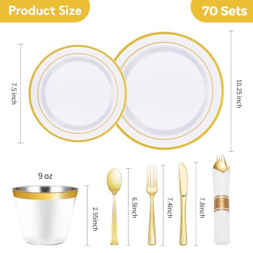 490 Piece Gold Plastic Dinnerware Set for 70 Guests | Disposable Dinnerware Includes: 70 Dinner Plates, 70 Dessert Plates, 70 Pre Rolled Napkins with Silverware, 70 Cups - color: Gold, style: 490 Piece (70 guests)