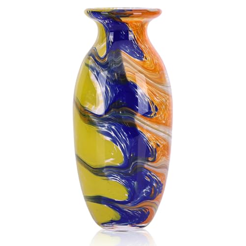Hand Blown Glass vase, Colorful Decorative vase, Modern Glass Art Piece, Perfect for Living Room Coffee Tables, Dining Table centerpieces, Office Spaces, and entryway Decor. - color: C-yellow Veins