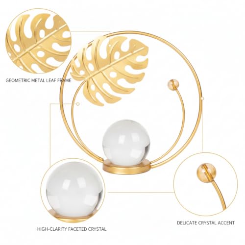 for Shelf, Desk, or Console Table Display: Modern Geometric Metal Leaf and Crystal Ball Sculpture Accent (1 PC) - size: 5.31 x 5.31 x 5.31 in