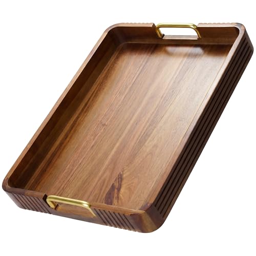 Natural Acacia Wood Serving Tray with Gold Metal Handles, 17x13x2 in, Decorative Coffee Table Tray & Ottoman Tray, Anti-Slip Pads, Dark Wood Tray for Breakfast in Bed, Bar Tray, Gift Box - color: Natural Acacia / Gold Handle, size: 17” × 13” × 2”