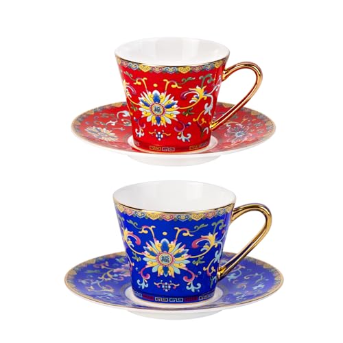 KAMMAK Tea Cup and Saucer, Ceramic Coffee Cups, 8 oz, Set of 2 | Porcelain Tea Cups with Saucers for Coffee and Cappuccino, Ideal for Breakfast, Afternoon Tea and Entertaining,629N+630N - style: 629N+630N