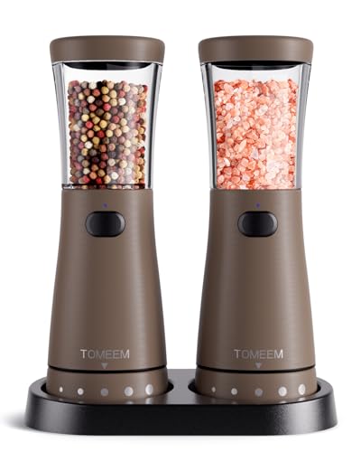 Electric Salt and Pepper Grinder Set with Storage Base, Stainless Steel Rechargeable Salt and Pepper Grinder Set with 4.5 oz Large Capacity, 1.8" Wide Mouth, Adjustable Coarseness, Ideal for Kitchen - color: Caramel