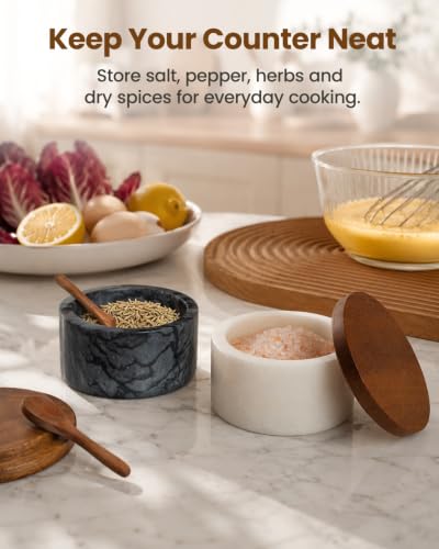 Salt and Pepper Containers, Marble Salt Cellar Set of 2 with Wood Lids and Spoons, Black and White Salt Keeper Bowls for Kitchen Counter, Sugar, Spices and Dry Seasonings - color: White+Black